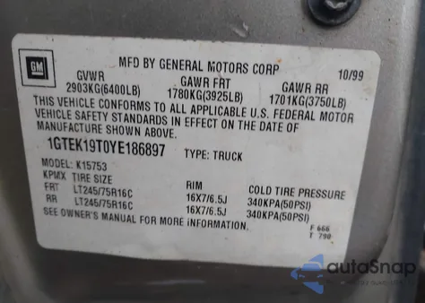 2000 GMC Sierra 1500 Sle from USA, damaged, VIN 1GTEK19T0YE186897